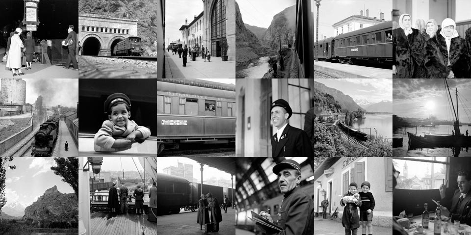 Collage foto's van de Simplon Orient-Exprres door Jack Birns, 1950