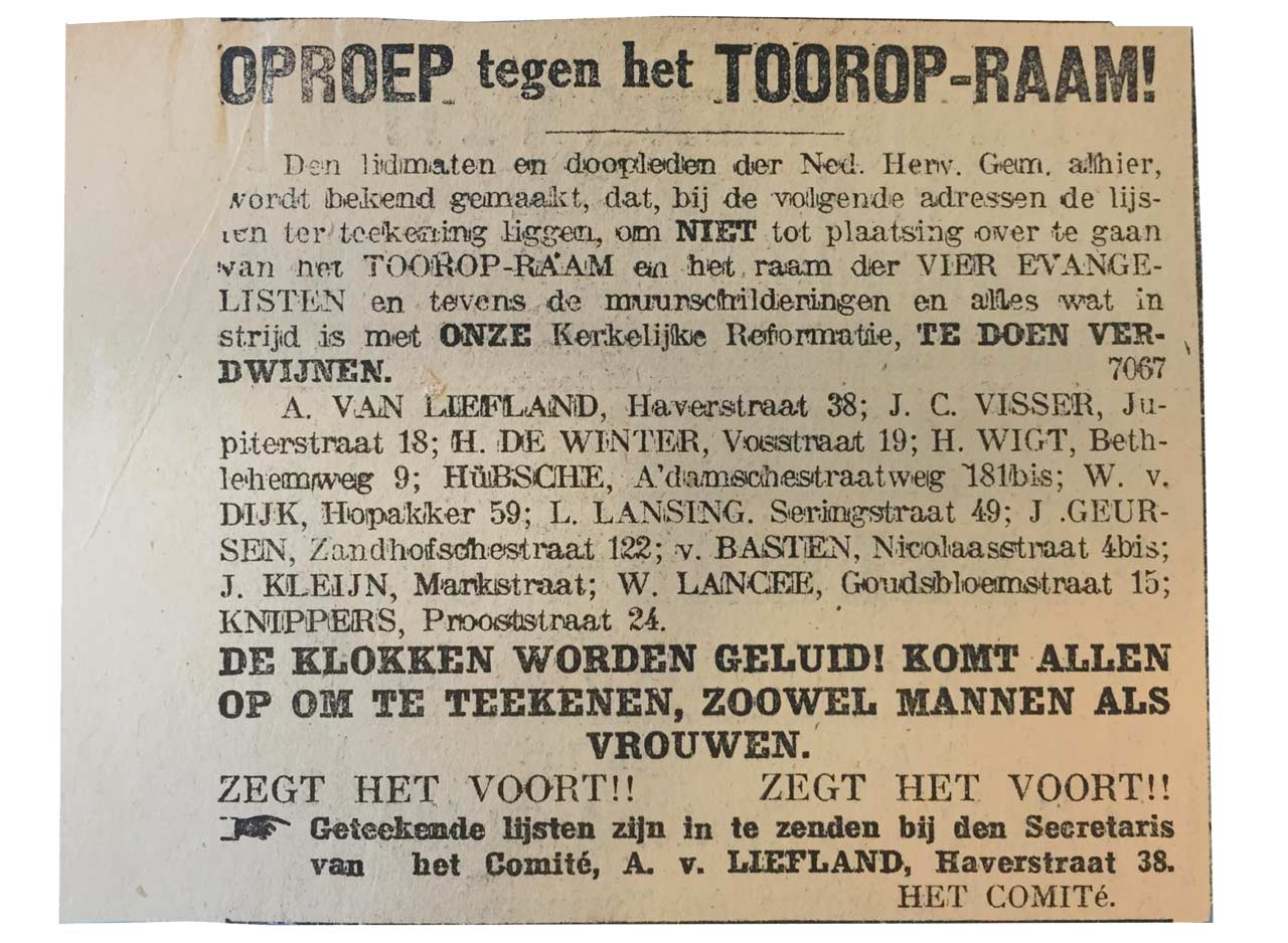 Oproep tegen Toorop-raam, Utrechtsch Nieuwsblad, 1924