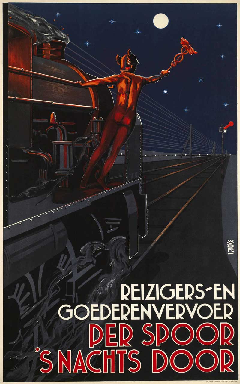 Affiche nachtvervoer, Willy van de Poll, 1932 (Spoorwegmuseum)